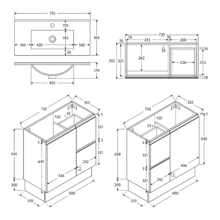 Fienza Siska Slim 750 Satin White Vanity on Kickboard, Left Drawers, With Overflow ,