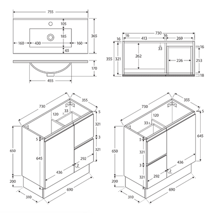 Fienza Siska Slim 750 Satin White Vanity on Kickboard, Right Drawers, With Overflow ,