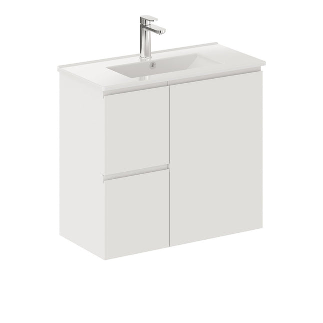 Fienza Siska Slim 750 Satin White Wall Hung Vanity, Left Drawers, With Overflow ,