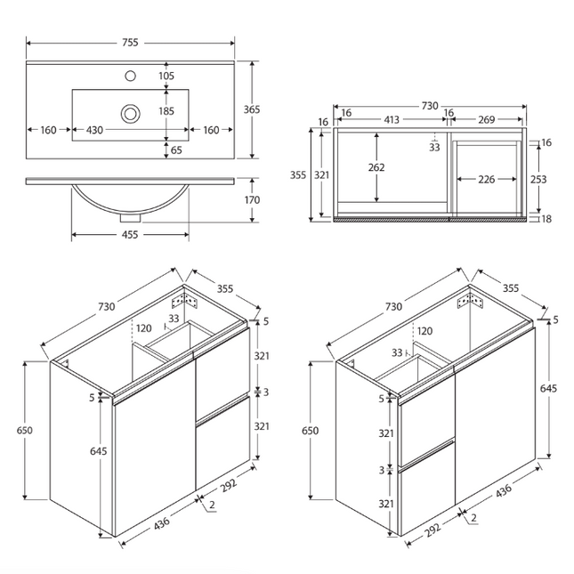 Fienza Siska Slim 750 Satin White Wall Hung Vanity, Left Drawers, With Overflow ,