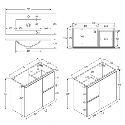 Fienza Siska Slim 750 Satin White Wall Hung Vanity, Left Drawers, With Overflow ,