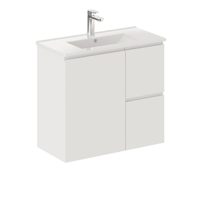 Fienza Siska Slim 750 Satin White Wall Hung Vanity, Right Drawers, With Overflow ,