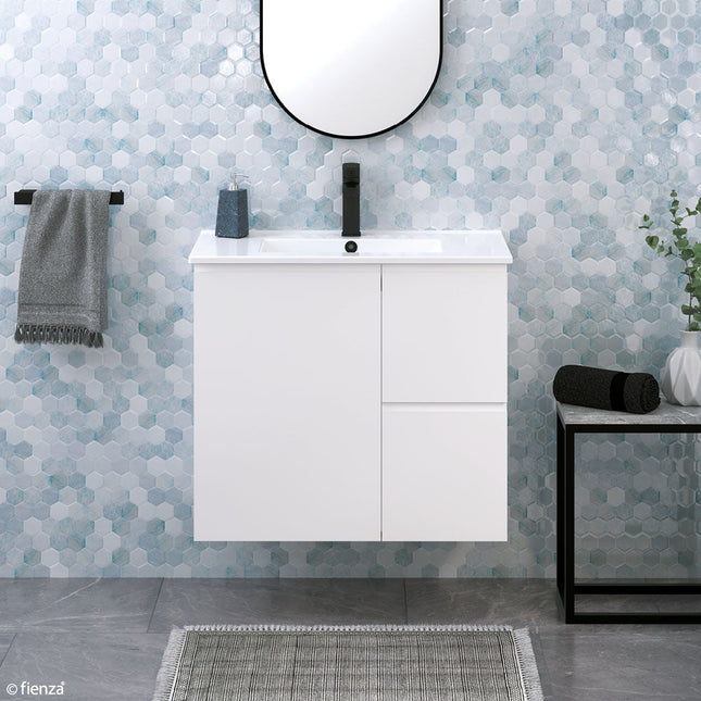 Fienza Siska Slim 750 Satin White Vanity on Kickboard, Left Drawers, With Overflow ,