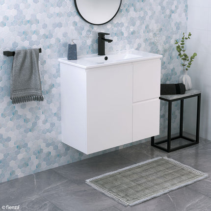 Fienza Siska Slim 750 Satin White Wall Hung Vanity, Right Drawers, With Overflow ,