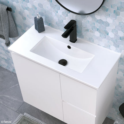 Fienza Siska Slim 900 Satin White Vanity on Kickboard, Left Drawers, With Overflow ,