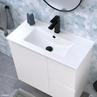 Fienza Siska Slim 750 Satin White Wall Hung Vanity, Right Drawers, With Overflow ,