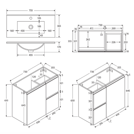 Fienza Siska Slim 750 Satin White Wall Hung Vanity, Right Drawers, With Overflow ,