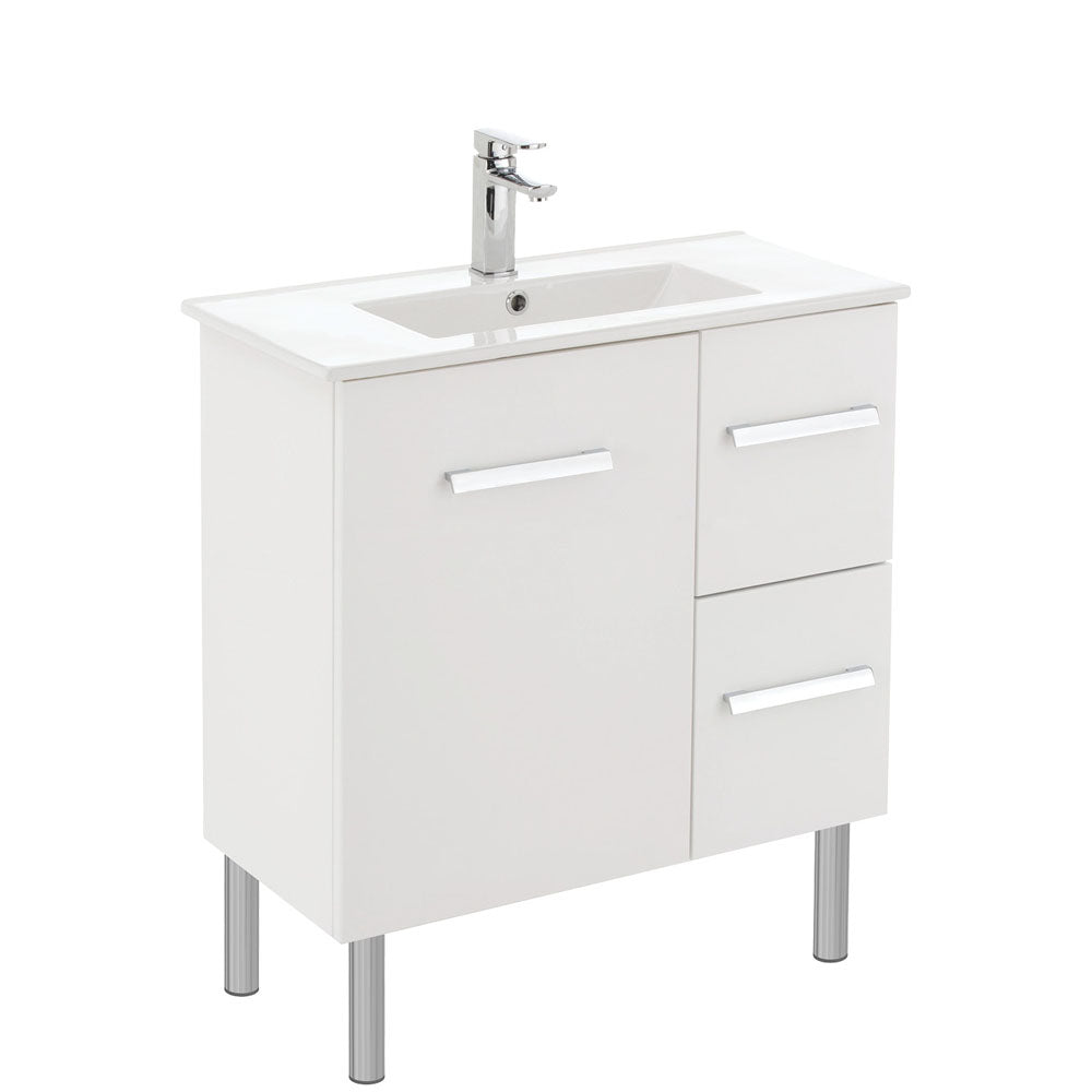 Fienza Delgado Slim 750 Gloss White Vanity on Legs, Right Drawers, With Overflow ,