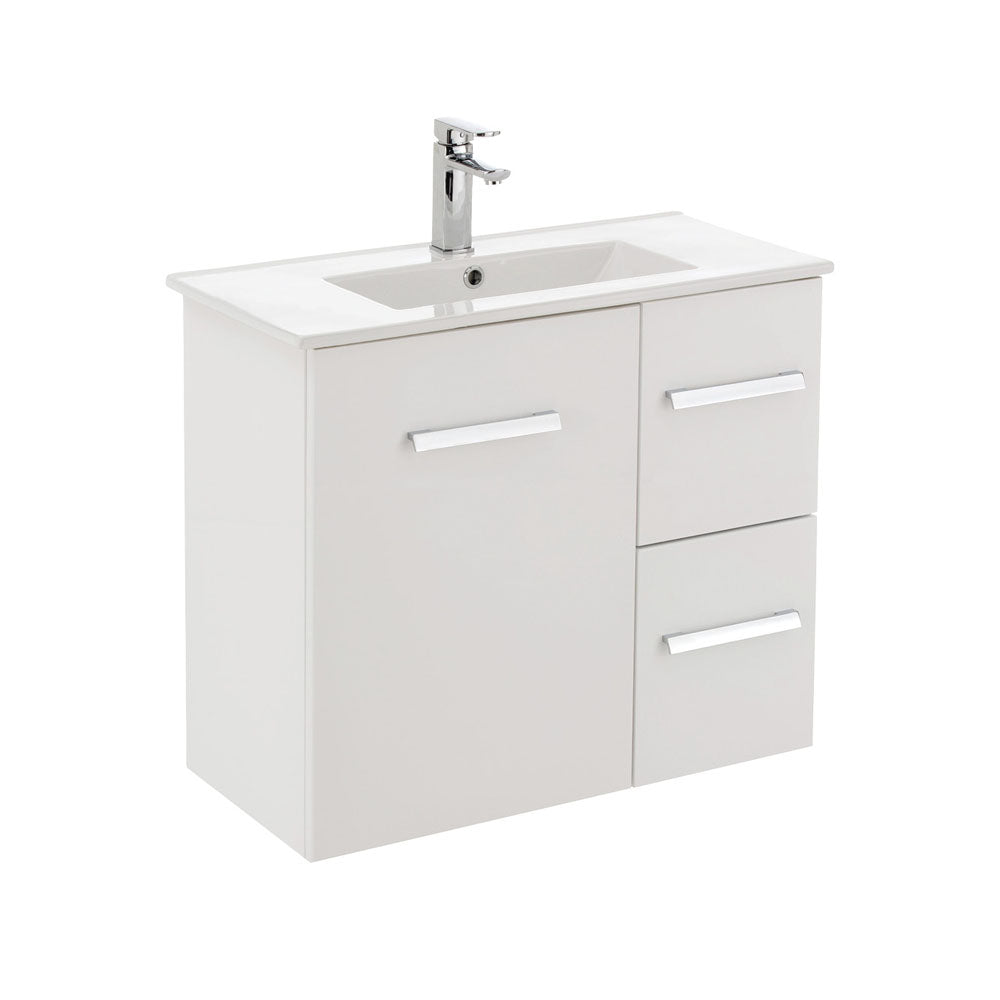 Fienza Delgado Slim 750 Gloss White Wall Hung Vanity, Right Drawers, With Overflow ,