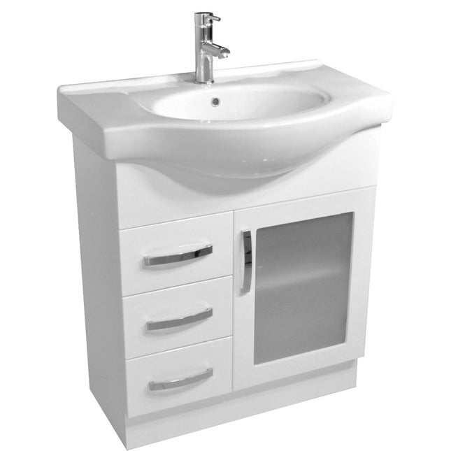 Fienza Antonio Gloss White 750 Vanity on Kickboard, Semi Recessed Basin Top , Glass Doors Left Drawers