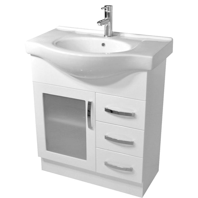Fienza Antonio Gloss White 750 Vanity on Kickboard, Semi Recessed Basin Top , Glass Doors Right Drawers