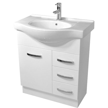 Fienza Antonio Gloss White 750 Vanity on Kickboard, Semi Recessed Basin Top , Wood Doors Right Drawers