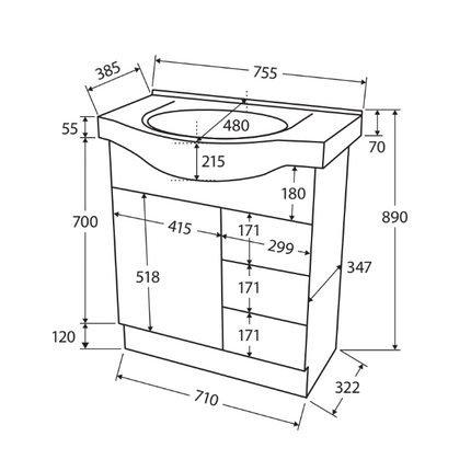 Fienza Antonio Gloss White 750 Vanity on Kickboard, Semi Recessed Basin Top ,