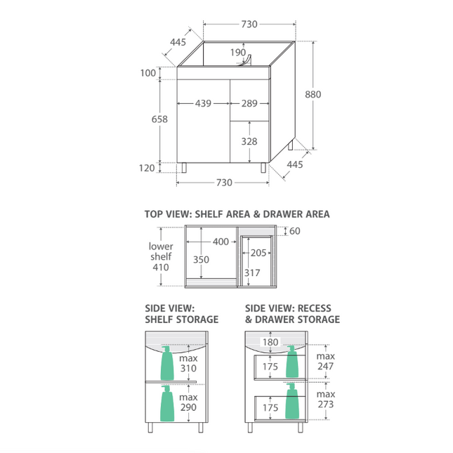 Fienza UniCab 750 Gloss White Cabinet on Legs, Right Hand Drawers, Solid Doors ,