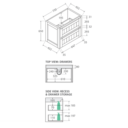 Fienza Hampton Satin White 750 Wall Hung Cabinet, 2 Solid Drawers ,