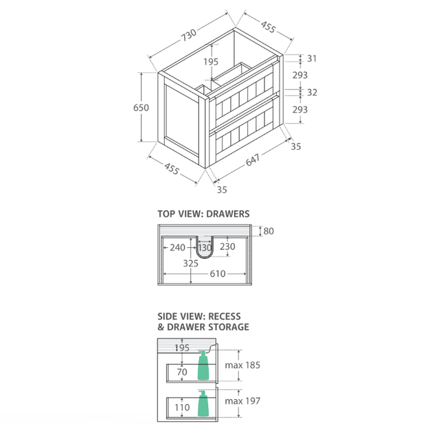 Fienza Hampton Satin White 750 Wall Hung Cabinet, 2 Solid Drawers ,