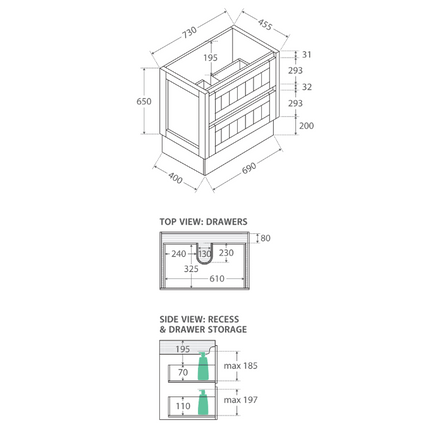 Fienza Hampton Satin White 750 Cabinet on Kickboard, 2 Solid Drawers ,