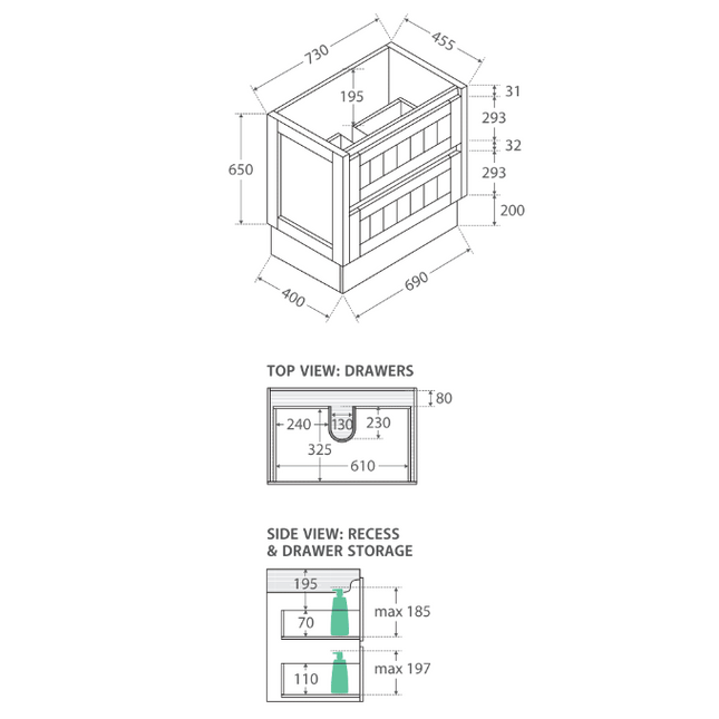 Fienza Hampton Satin White 750 Cabinet on Kickboard, 2 Solid Drawers ,