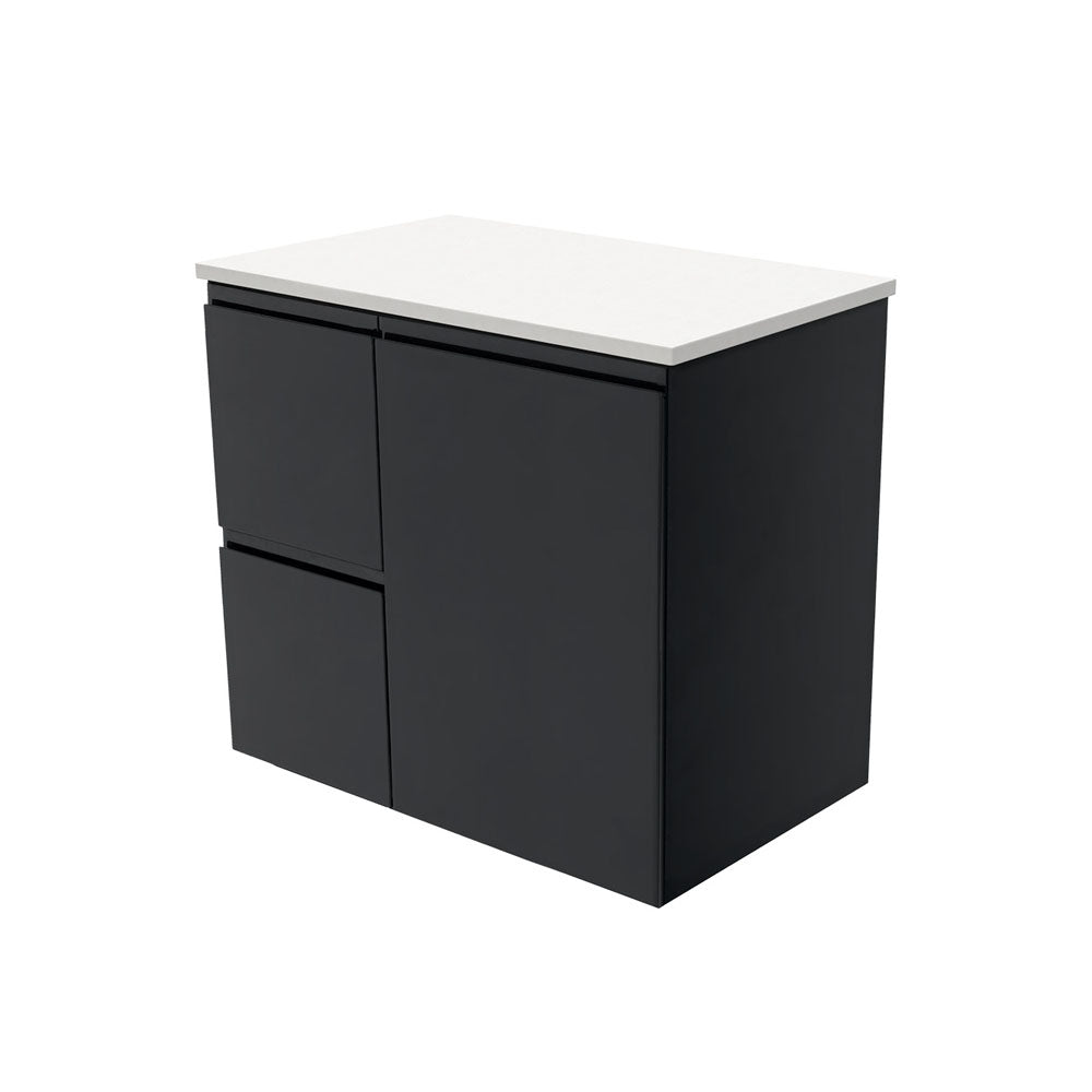 Fienza Fingerpull Satin Black 750 Wall Hung Cabinet, Solid Door , Cabinet Only Left Hand Drawer
