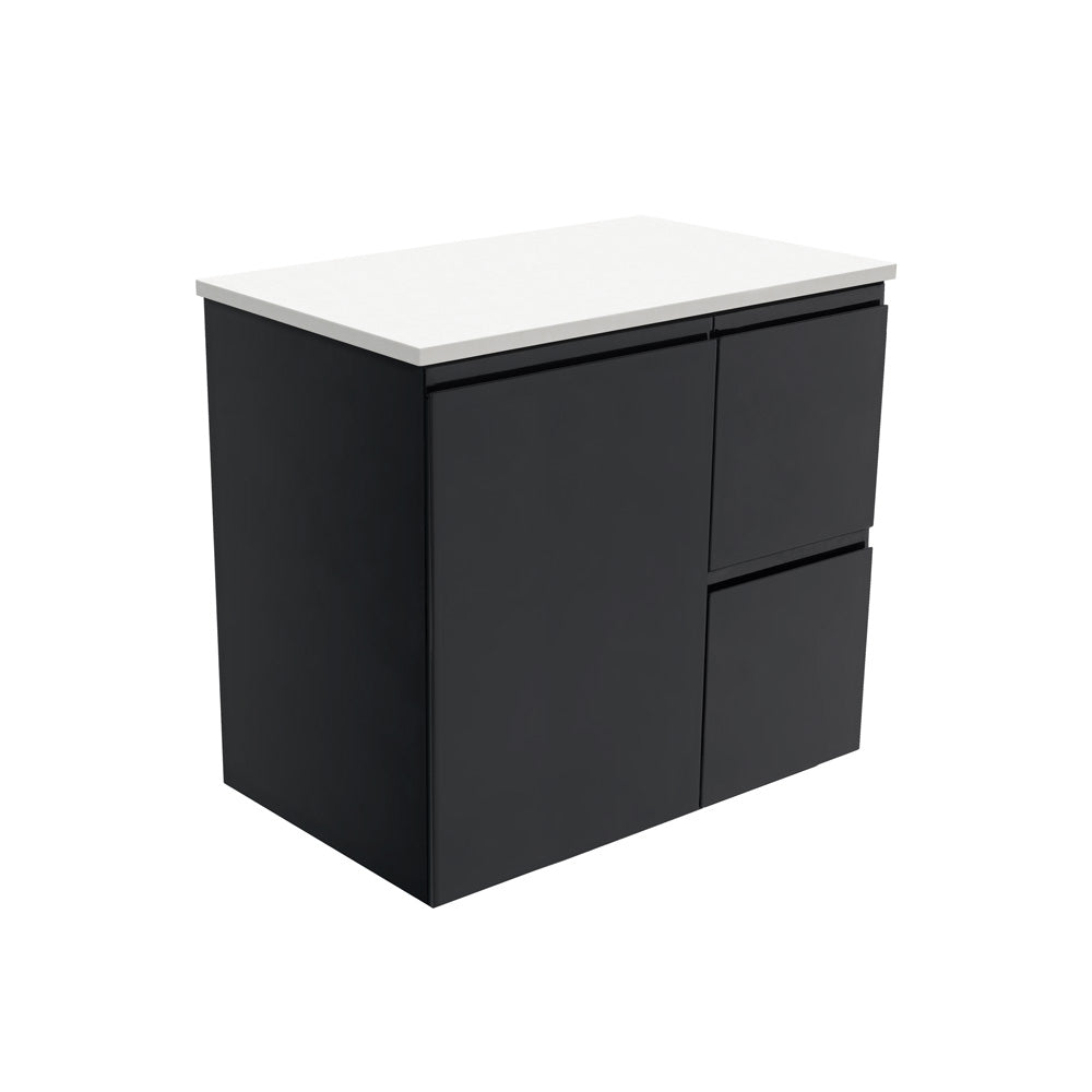 Fienza Fingerpull Satin Black 750 Wall Hung Cabinet, Solid Door , Cabinet Only Right Hand Drawer