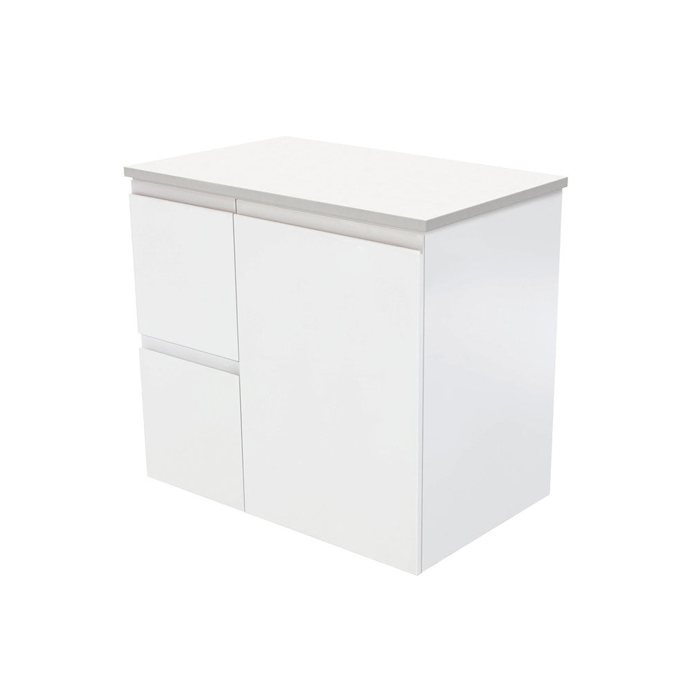 Fienza Fingerpull Satin White 750 Wall Hung Cabinet, Solid Door , Cabinet Only Left Hand Drawer