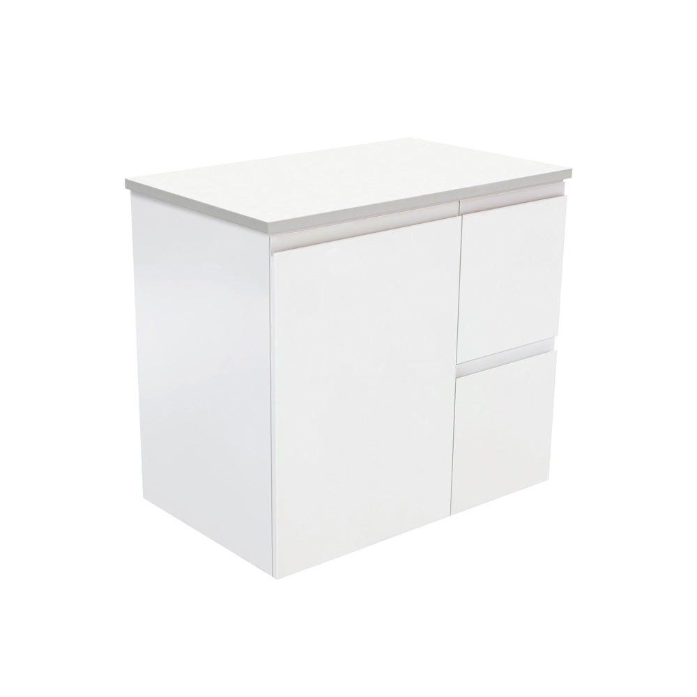 Fienza Fingerpull Satin White 750 Wall Hung Cabinet, Solid Door , Cabinet Only Right Hand Drawer