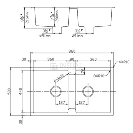 Granite Quartz Stone Top/Undermount Kitchen Sink Double Bowls 860x500x216 ,