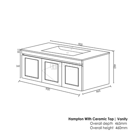 Hampton Mark ll Wall Hung Vanity Cabinet Matt White 2 Soft Closing Shaker Drawers and 1 Door 900W X 455D X 445H ,