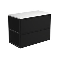 Fienza Amato Satin Black 900 Wall Hung Cabinet, 2 Solid Drawers, Bevelled Edge , Cabinet Only Matte Black Frames