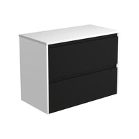 Fienza Amato Satin Black 900 Wall Hung Cabinet, 2 Solid Drawers, Bevelled Edge , Cabinet Only Satin White Panels