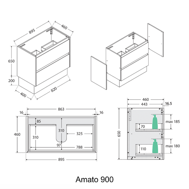 Fienza Amato Satin Black 900 Cabinet on Kickboard, Solid Panels, Bevelled Edge ,