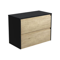Fienza Amato Scandi Oak 900 Wall Hung Cabinet, 2 Solid Drawers, Bevelled Edge , Cabinet Only Satin Black Panels