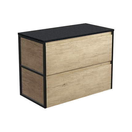 Fienza Amato Scandi Oak 900 Wall Hung Cabinet, 2 Solid Drawers, Bevelled Edge , Cabinet Only Matte Black Frames