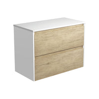 Fienza Amato Scandi Oak 900 Wall Hung Cabinet, 2 Solid Drawers, Bevelled Edge , Cabinet Only Satin White Panels