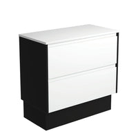 Fienza Amato Satin White 900 Cabinet on Kickboard, Solid Panels, Bevelled Edge , Cabinet Only Satin Black Panels