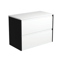 Fienza Amato Satin White 900 Wall Hung Cabinet, 2 Solid Drawers, Bevelled Edge , Cabinet Only Satin Black Panels