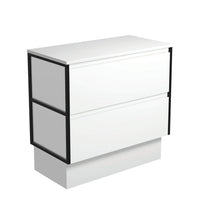 Fienza Amato Satin White 900 Cabinet on Kickboard, Solid Panels, Bevelled Edge , Cabinet Only Matte Black Frames
