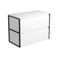 Fienza Amato Satin White 900 Wall Hung Cabinet, 2 Solid Drawers, Bevelled Edge , Cabinet Only Matte Black Frames