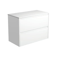 Fienza Amato Satin White 900 Wall Hung Cabinet, 2 Solid Drawers, Bevelled Edge , Cabinet Only Satin White Panels