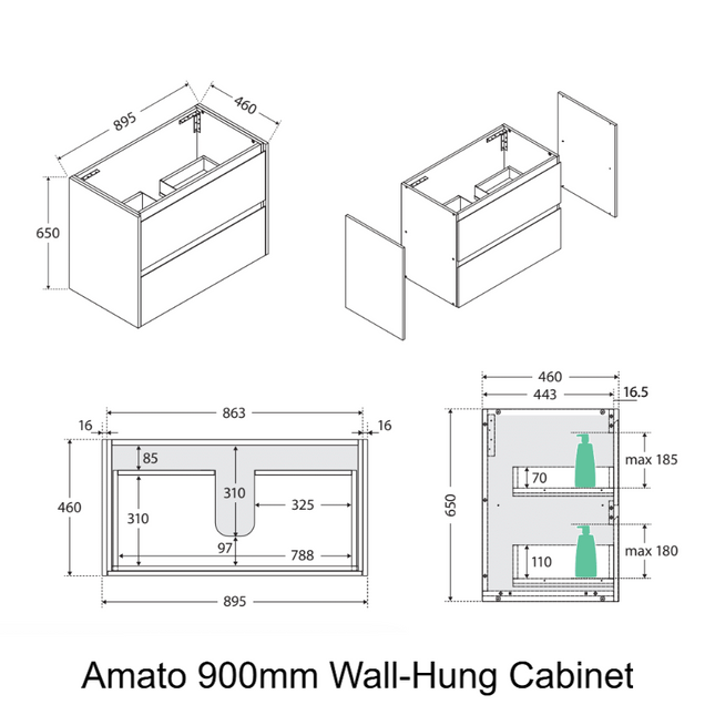 Fienza Amato Satin Black 900 Wall Hung Cabinet, 2 Solid Drawers, Bevelled Edge ,