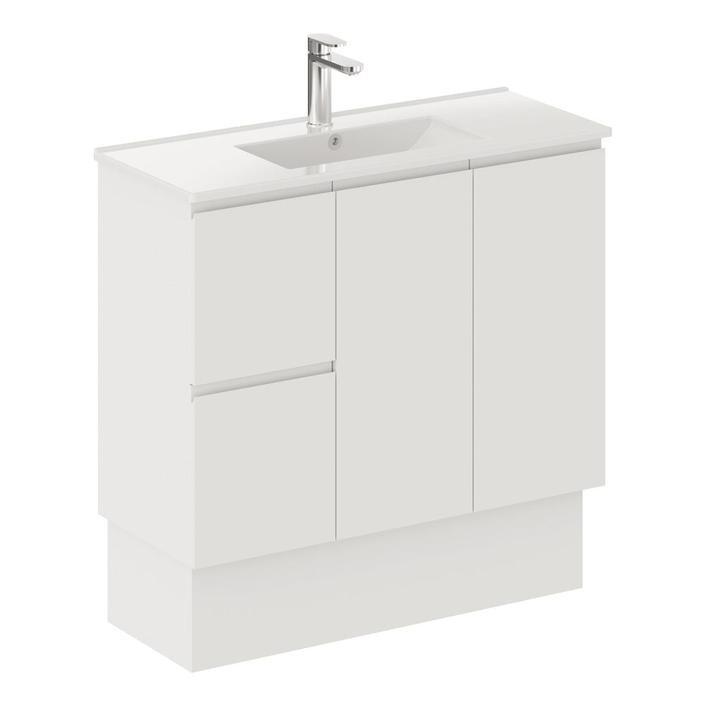 Fienza Siska Slim 900 Satin White Vanity on Kickboard, Left Drawers, With Overflow ,