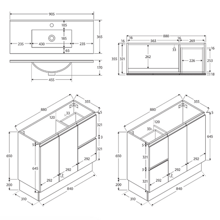 Fienza Siska Slim 900 Satin White Vanity on Kickboard, Left Drawers, With Overflow ,