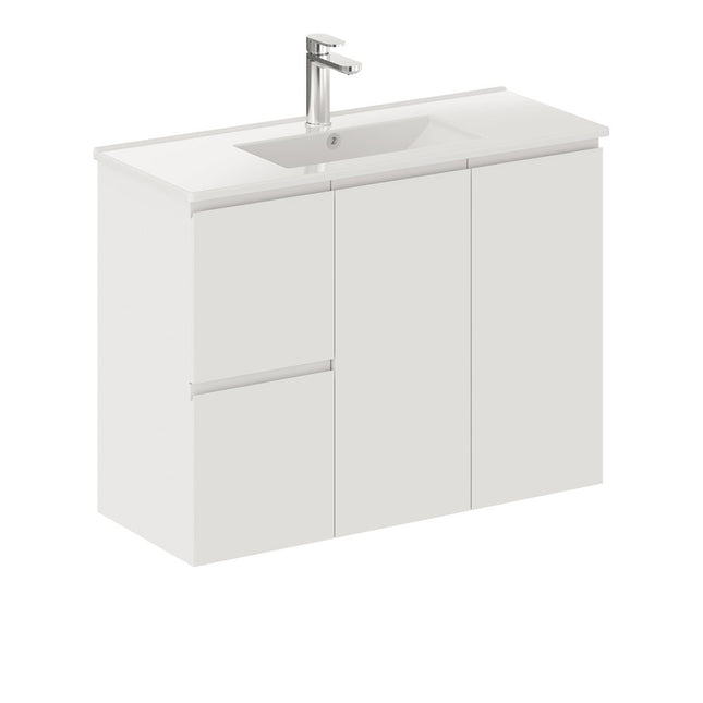 Fienza Siska Slim 900 Satin White Wall Hung Vanity, Left Drawers, With Overflow ,