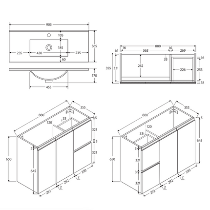 Fienza Siska Slim 900 Satin White Wall Hung Vanity, Left Drawers, With Overflow ,