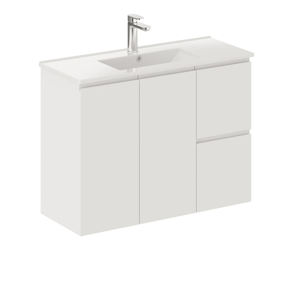 Fienza Siska Slim 900 Satin White Wall Hung Vanity, Right Drawers, With Overflow ,