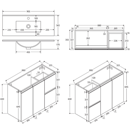 Fienza Siska Slim 900 Satin White Wall Hung Vanity, Right Drawers, With Overflow ,
