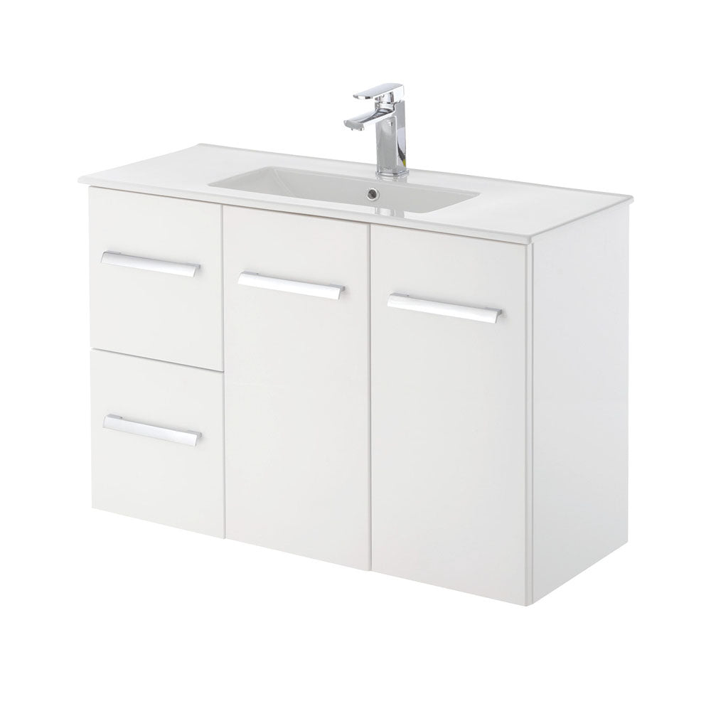 Fienza Delgado Slim 900 Gloss White Wall Hung Vanity, Left Drawers, 1 Tap Hole, With Overflow ,