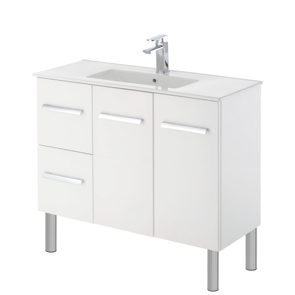 Fienza Delgado Slim 900 Gloss White Vanity on Legs, Left Drawers, 1 Tap Hole, With Overflow ,