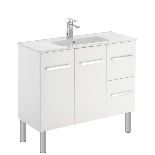 Fienza Delgado Slim 900 Gloss White Vanity on Legs, Right Drawers, 1 Tap Hole, With Overflow ,