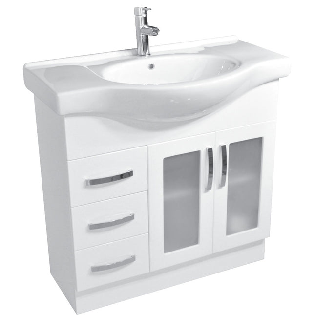 Fienza Antonio Gloss White 900 Vanity on Kickboard, Semi Recessed Basin Top , Glass Doors Left Drawers